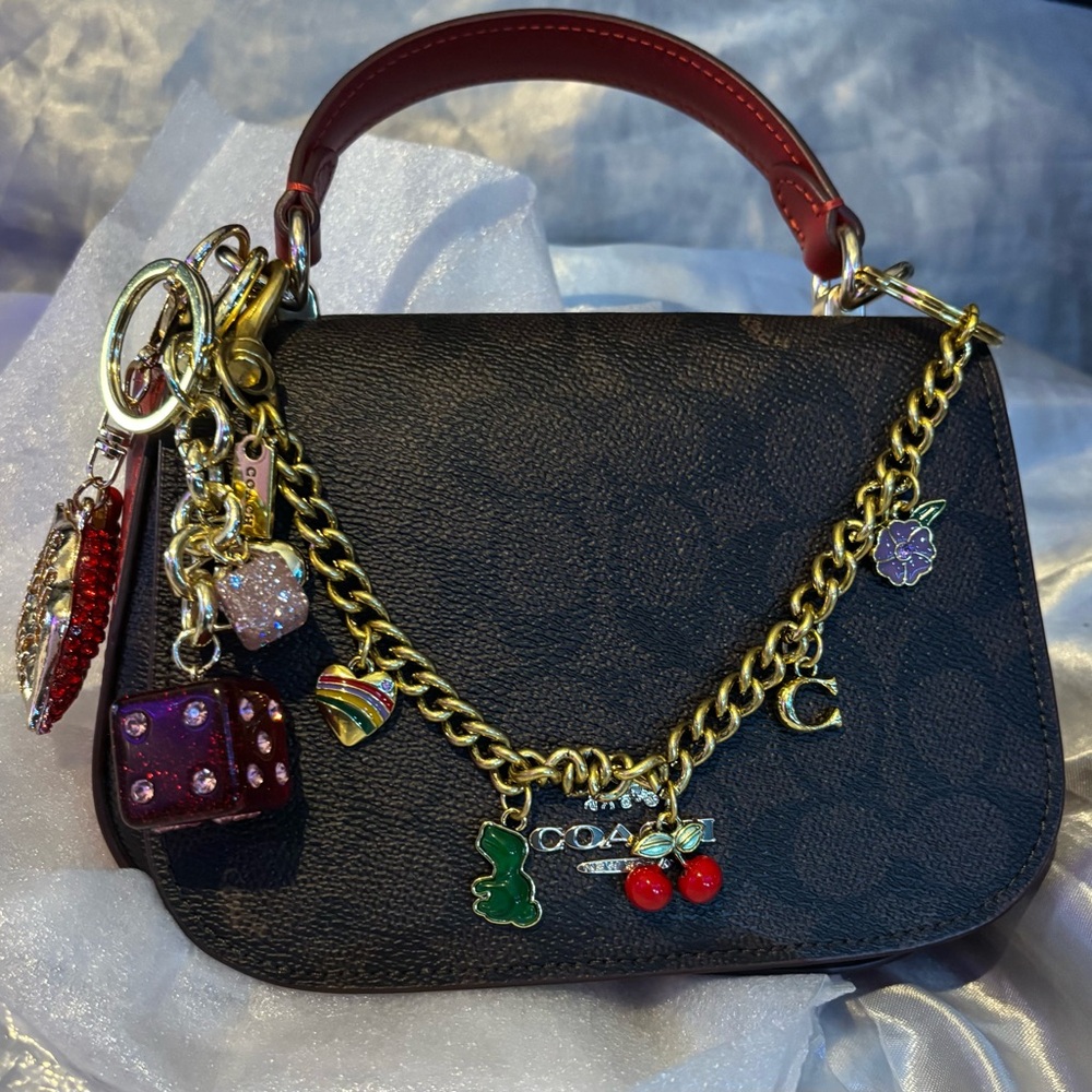 Coach Black and Red Handbag with Gold Chain and Charms